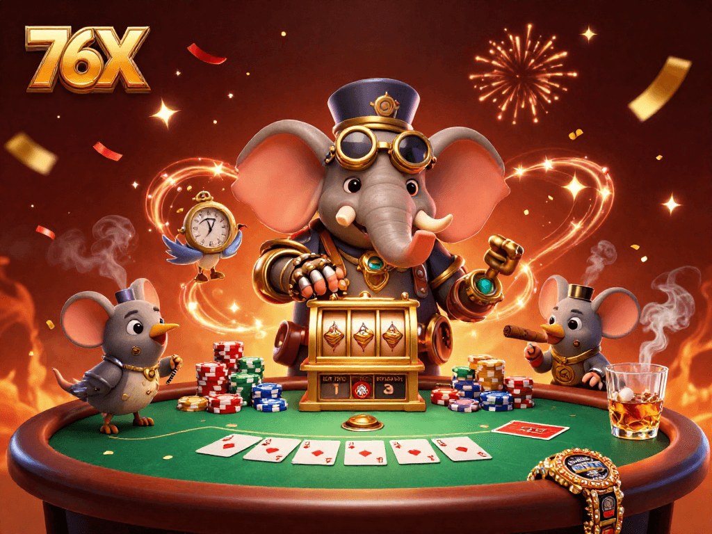 Explore as máquinas de jogos da 76X, destacando símbolos da sorte e muitas fichas de poker.