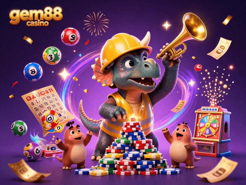 Experience gem88 casino excitement with lively illustration of playful dinosaurs and vibrant gambling elements.