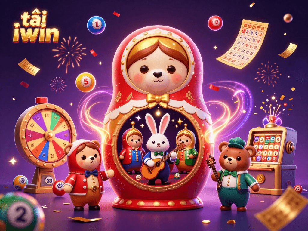Play and win with tải iwin in vibrant 3D illustration featuring casino characters and lottery elements.