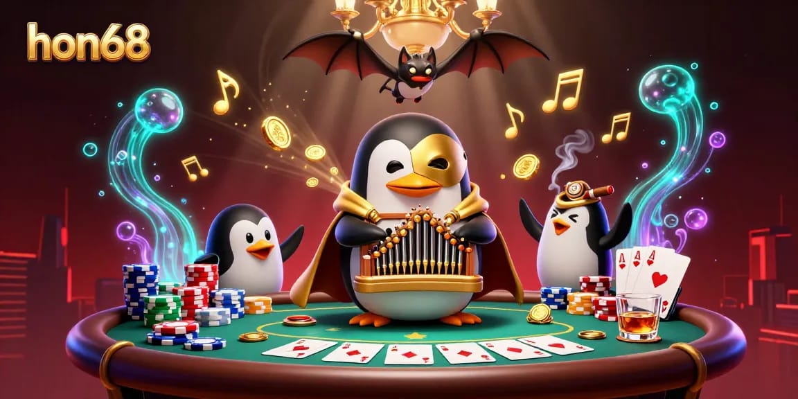 Playing at hon68, a phantom opera penguin enjoys a lively casino atmosphere filled with gold coins and poker chips.