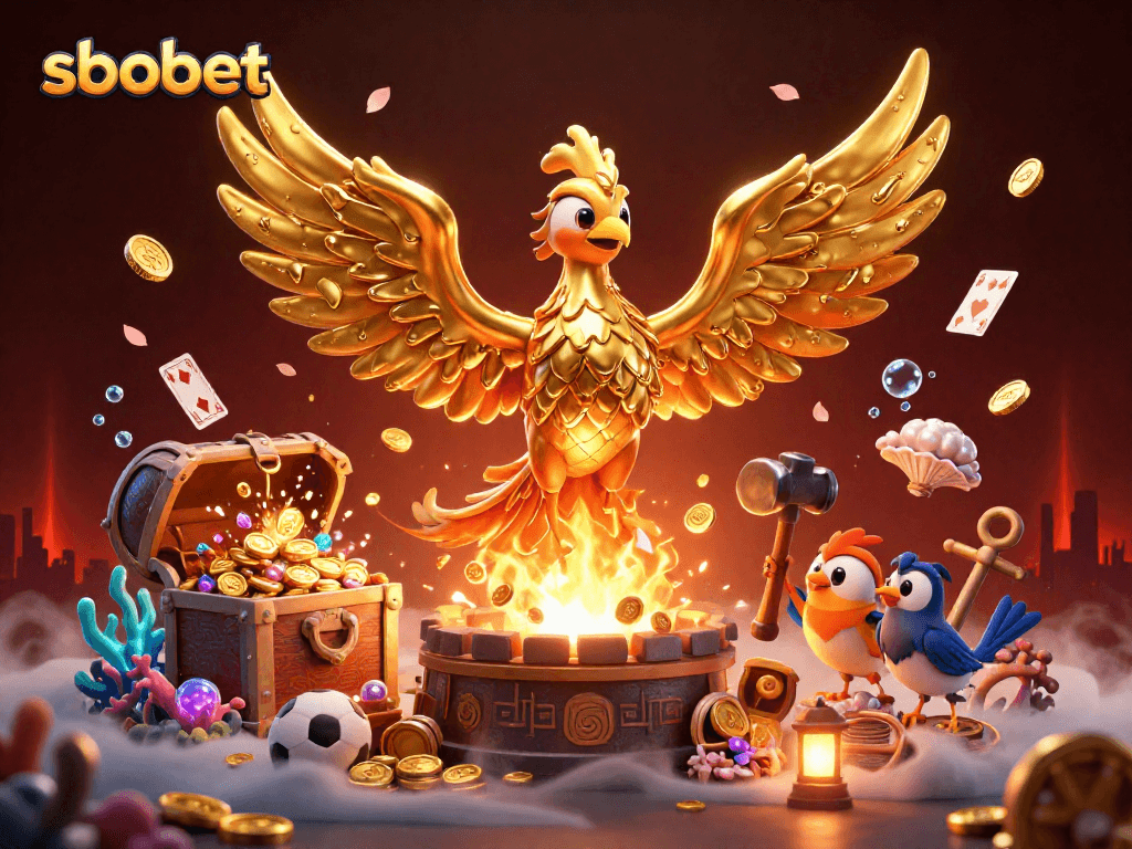 Sbet powers high-energy sports betting action, with a molten gold phoenix and vibrant elements depicting thrilling gameplay.