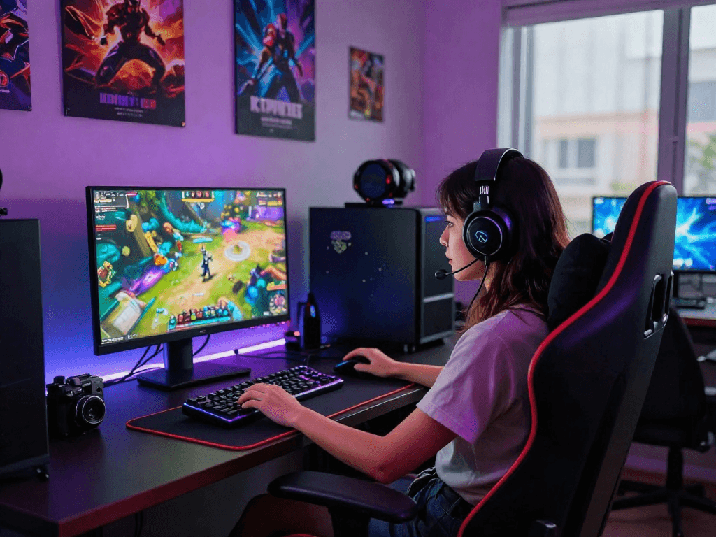 Female protagonist in vibrant adult games with immersive digital graphics and gaming setup.