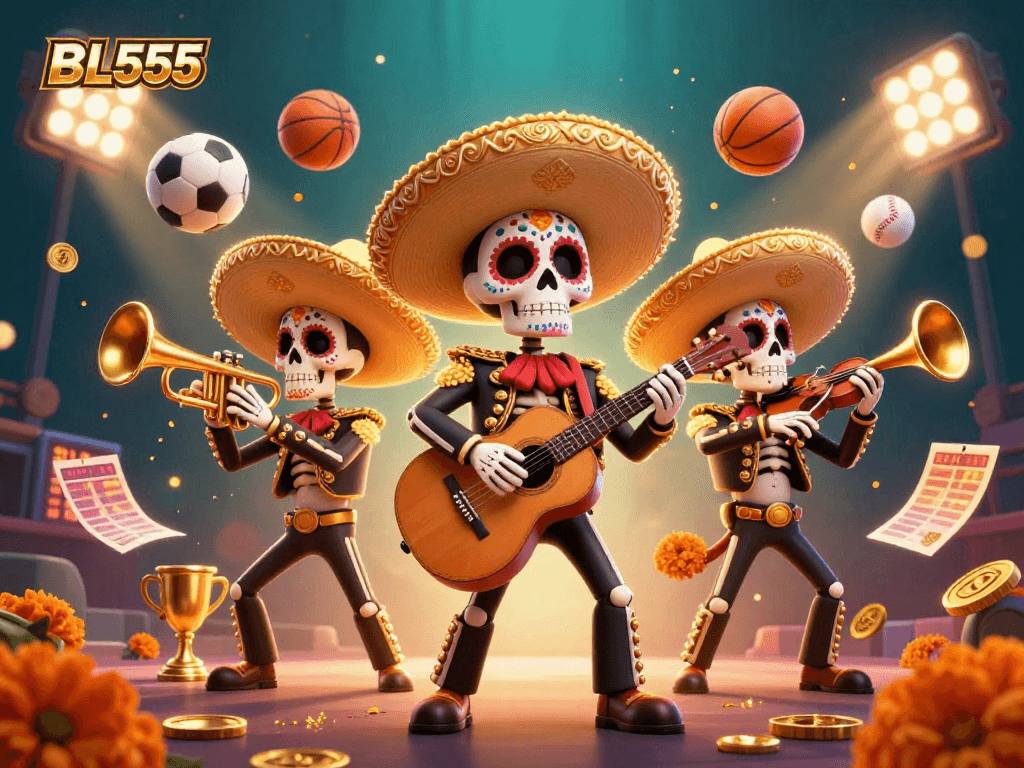 Engage in thrilling gameplay at BL555 with a vibrant Day of the Dead mariachi scene illustrating a dynamic online casino atmosphere.