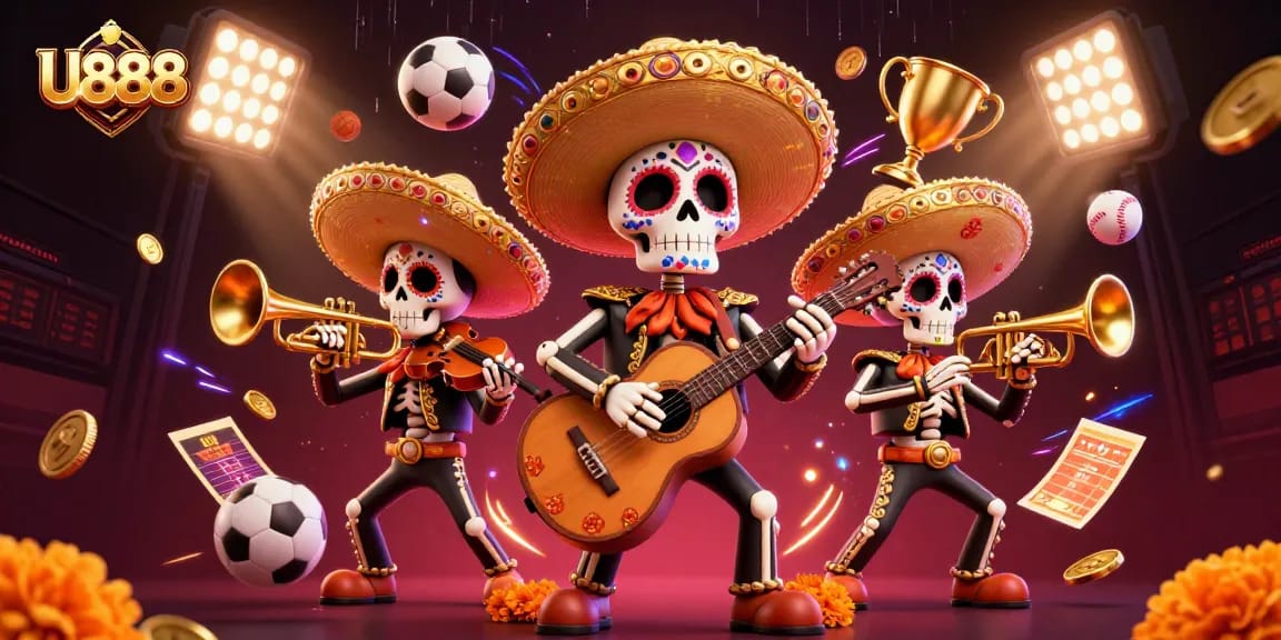 U888 players enjoy an exciting mariachi celebration with vibrant gambling elements in this action-packed illustration.