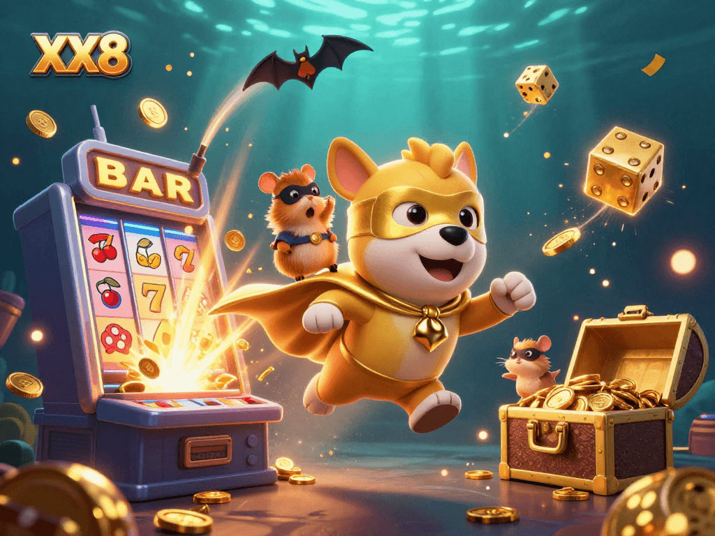 Join the excitement with XX8 in this vibrant superhero-themed casino scene full of jackpots!