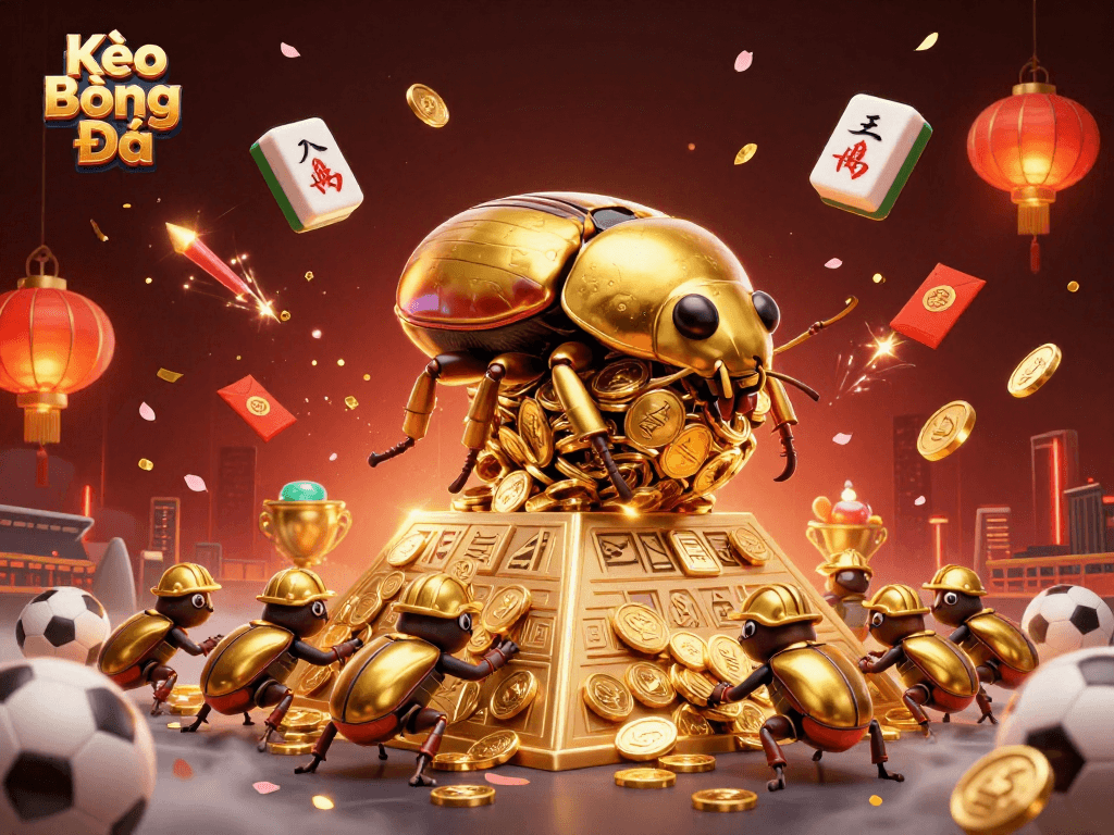 Kèo Bóng Đá action scene with vibrant 3D beetles and sports elements celebrating the thrill of betting