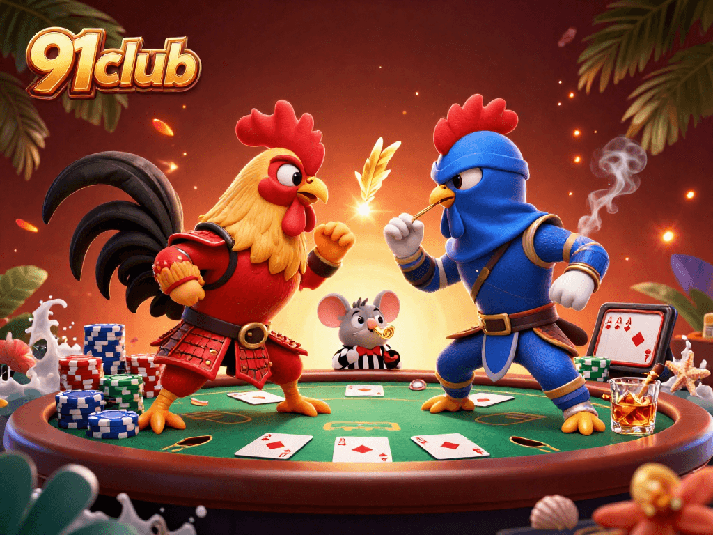 Bet big with 91club's colorful fighters in a dazzling casino environment, showcasing thrilling poker elements.