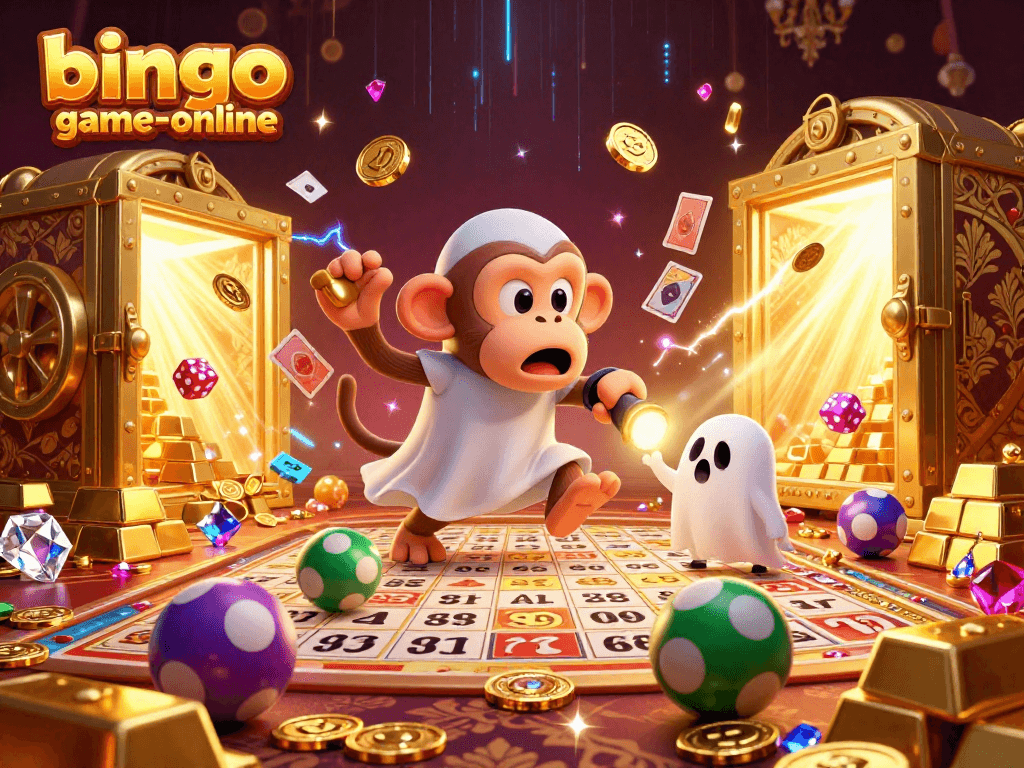 A dynamic bingo-game-online illustration showing a mischievous monkey and a curious puppy in a vibrant jackpot bingo scene.