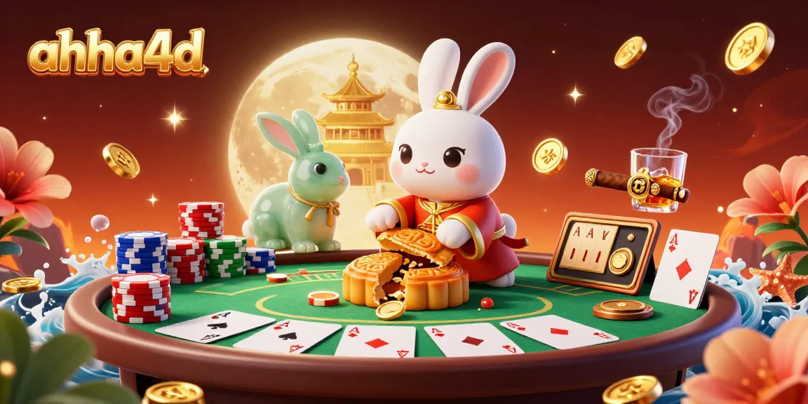 Engage in thrilling poker gameplay with ahha4d's moon rabbit and poker chips bursting from mooncakes.
