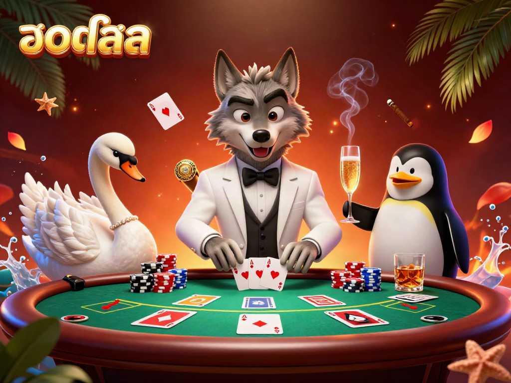 Experience the excitement of บอลสด with a vibrant 3D scene featuring a wolf, swan, and penguin in a dynamic casino setting.