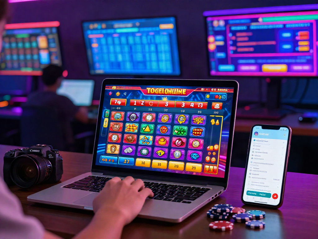 An engaging scene of togel online gaming, featuring a user interacting with a vibrant betting platform and colorful game graphics.