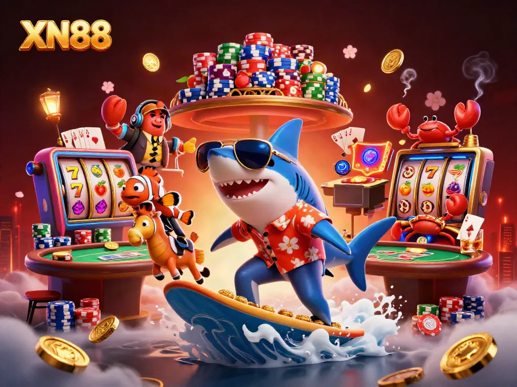 Experience winning strategies at XN88 as the shark surfs through a casino adventure.