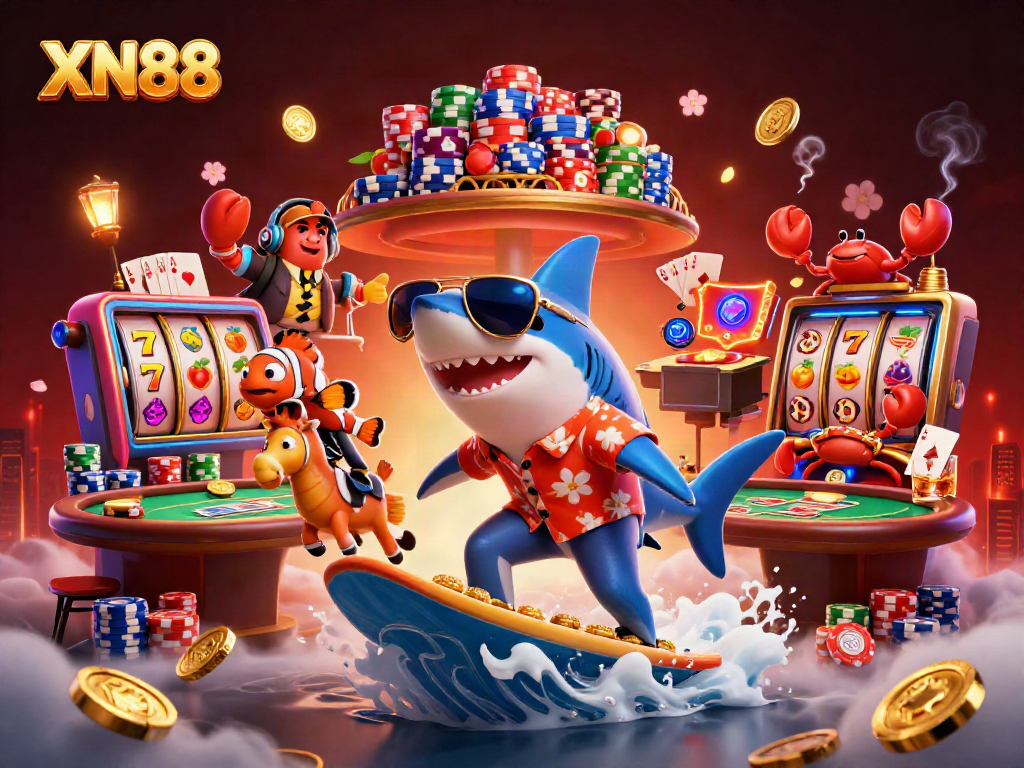 Experience winning strategies at XN88 as the shark surfs through a casino adventure.