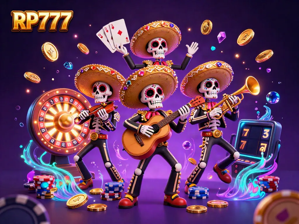 Experience RP777 action with a vibrant mariachi band surrounded by cascading coins and colorful casino elements.