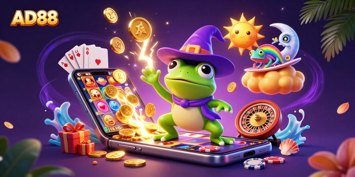 Experience the excitement of AD88 as a frog wizard conjures golden coins and a chameleon rides a cloud.