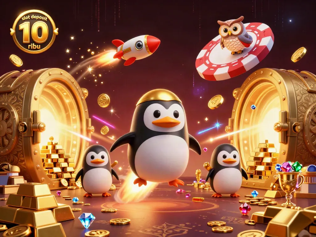 Spin and win with slot deposit 10 ribu featuring a rocket-powered penguin and casino riches.