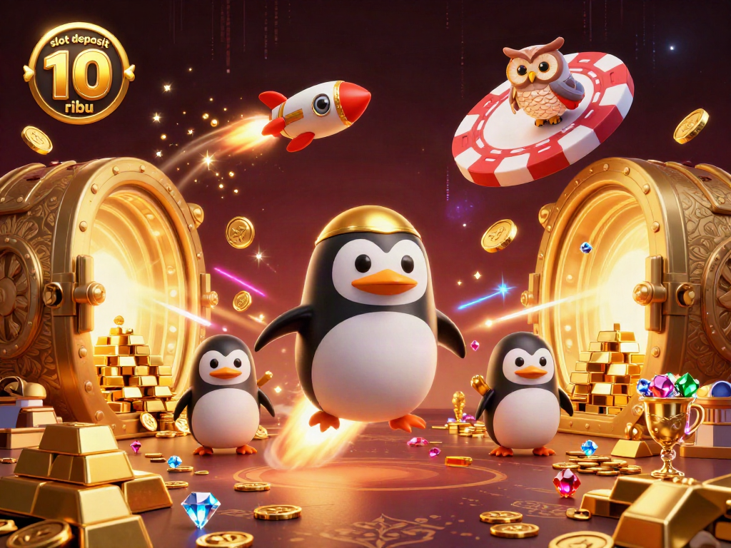 Spin and win with slot deposit 10 ribu featuring a rocket-powered penguin and casino riches.