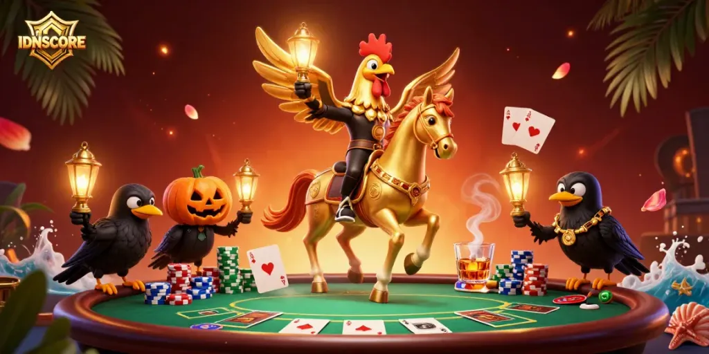IDNSCORE players enjoying an exciting poker scene in a vibrant casino atmosphere with gold and color