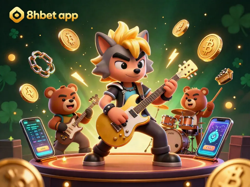 Engage with the vibrant 8xbet app, featuring fun 3D cartoon characters in a dynamic casino scene with crypto excitement.