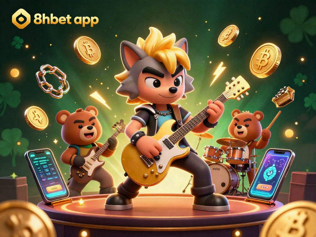 Engage with the vibrant 8xbet app, featuring fun 3D cartoon characters in a dynamic casino scene with crypto excitement.
