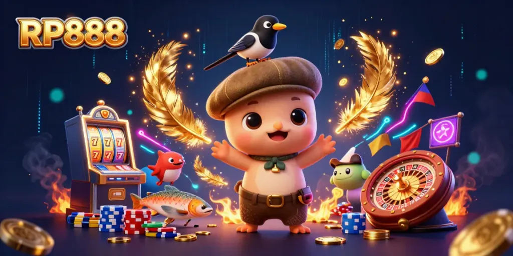 Experience the excitement of RP888 with cute Nessie and friends amidst vibrant casino elements.