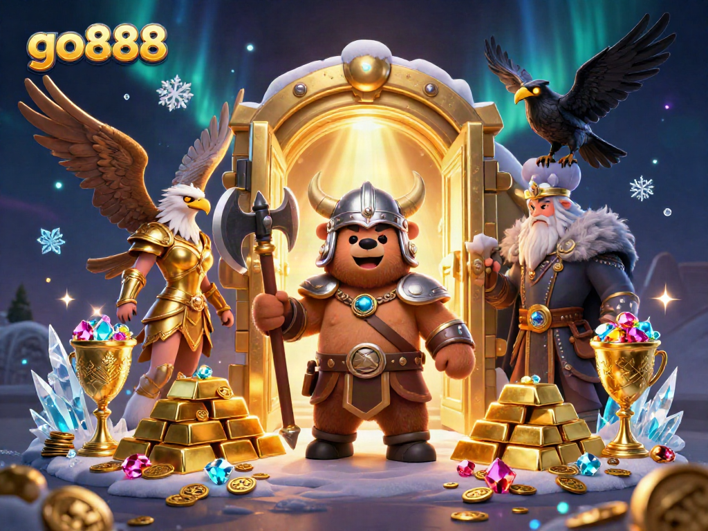 Experience thrilling gameplay with go888 in this vibrant 3D illustration of a Viking bear and Valkyrie eagle.