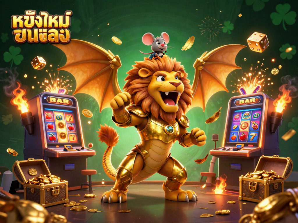 Witness the thrilling หนังใหม่ชนโรง scene with a roaring chimera in golden armor and dynamic casino elements.
