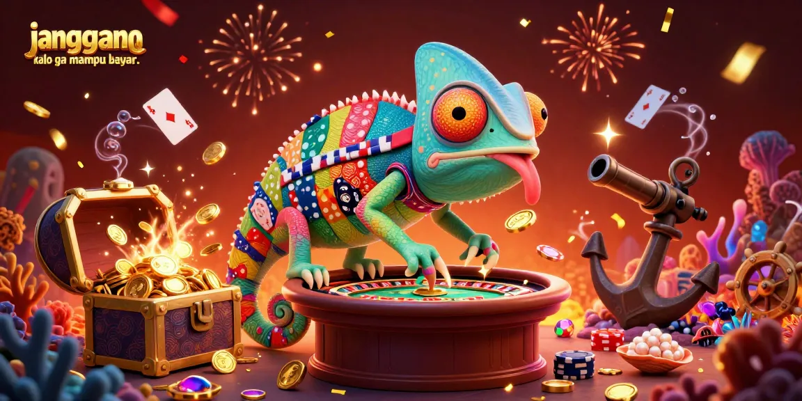 This vibrant 3D illustration with the phrase "jangan order kalo ga mampu bayar.." showcases a chameleon casino owner surrounded by treasure and cards.