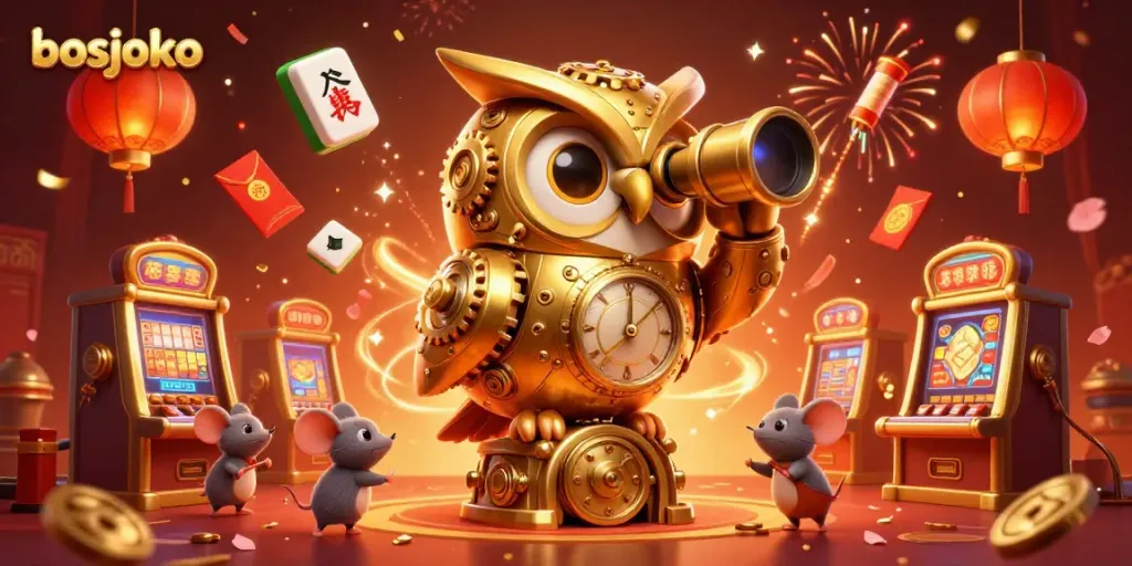 Experience bosjoko's vibrant casino atmosphere with a golden owl vigilantly overseeing players amidst festive elements.