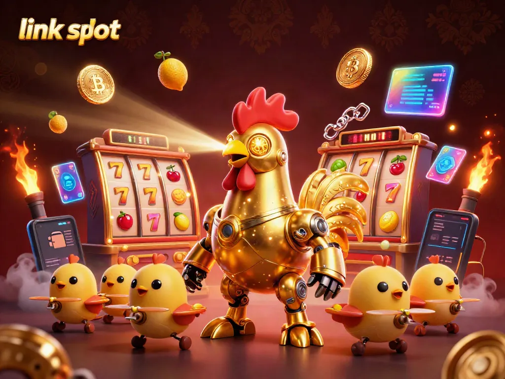 Engage with the dynamic world of link slot featuring golden rooster robot and baby chick drones amid vibrant casino reels and crypto elements.