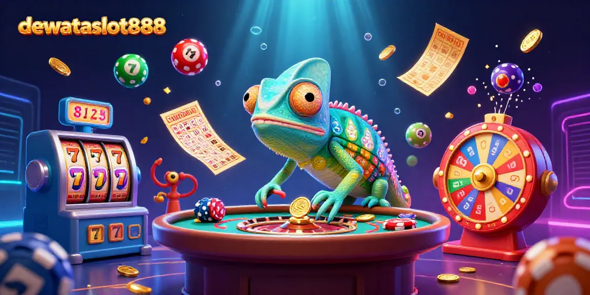 dewataslot888 menampilkan pemilik kasino chameleon berwarna cerah di tengah permainan slot yang meriah.