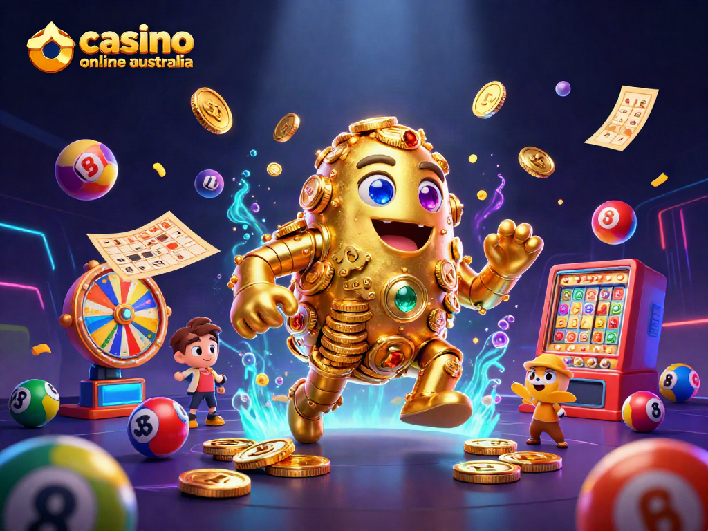 Enjoy casino online Australia with a dynamic, colorful 3D illustration of an animated golden golem.