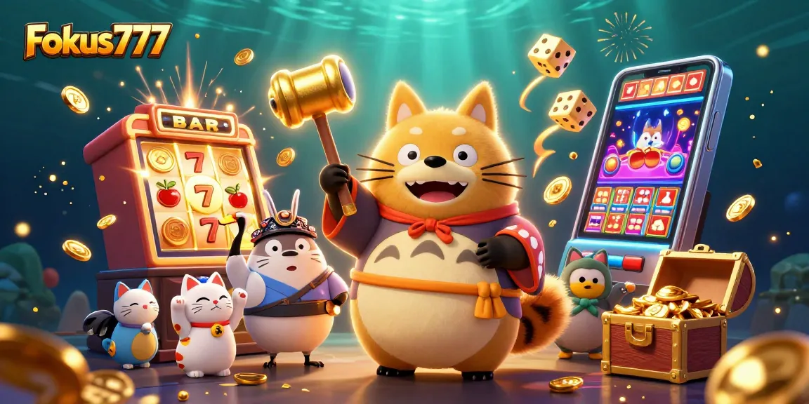Experience winning moments with Fokus777 as the cheerful tanuki celebrates a jackpot.