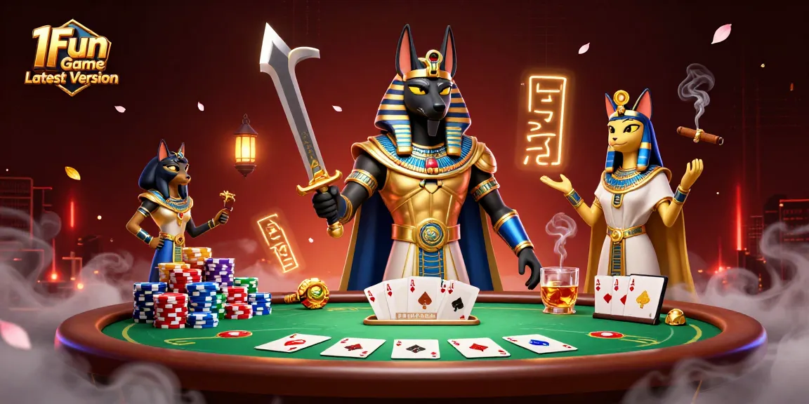 Experience the 1Fun Game Latest Version with Anubis and Bastet at a vibrant poker scene.