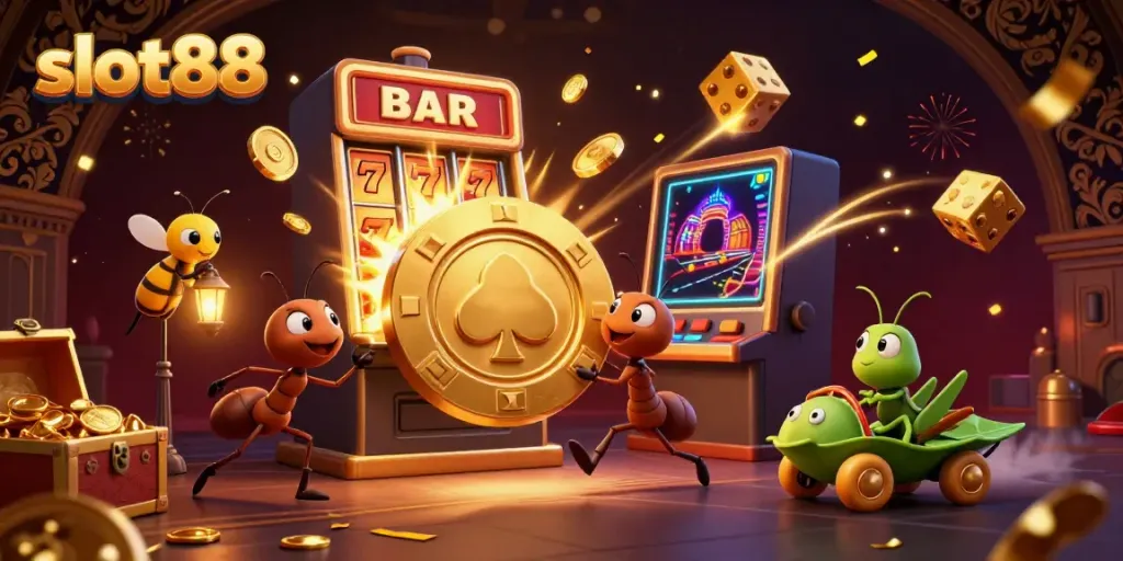Tim semut beraksi menyeret chip poker emas raksasa di slot88, dengan lampu kecil di atas dan dadu berkilau melayang.
