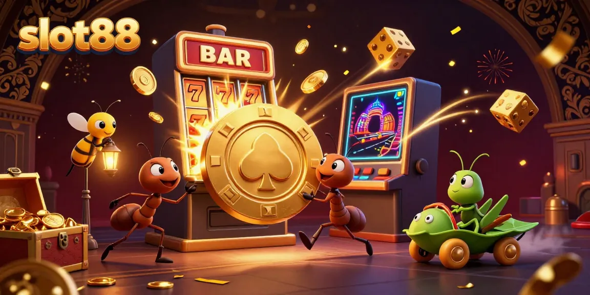 Tim semut beraksi menyeret chip poker emas raksasa di slot88, dengan lampu kecil di atas dan dadu berkilau melayang.