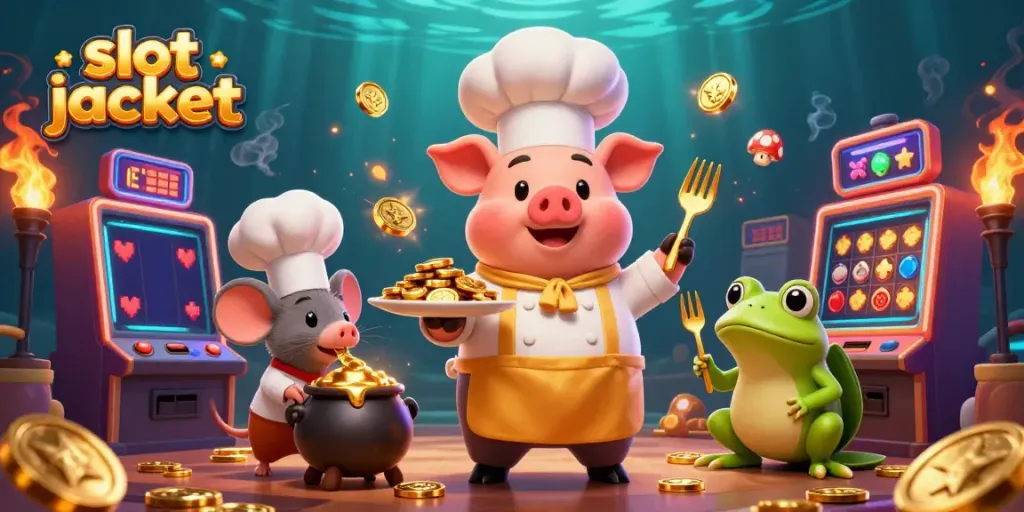 Experience the thrill of the slot jackpot with a cartoon chef pig serving gold coins amidst lively gaming elements.