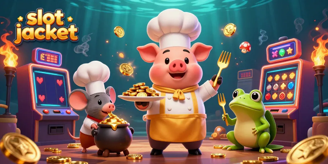 Experience the thrill of the slot jackpot with a cartoon chef pig serving gold coins amidst lively gaming elements.