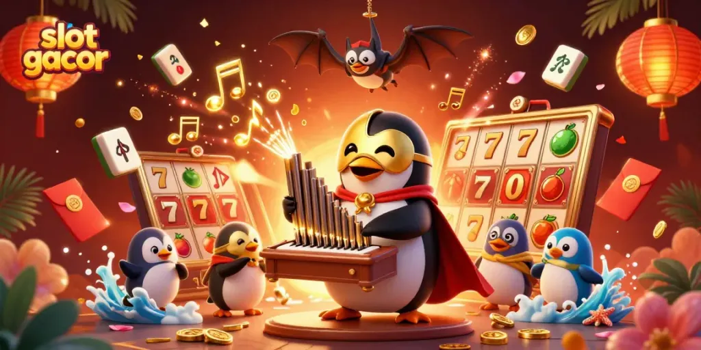 Slot gacor menunjukkan pemenang dengan penguin berkostum opera dan koin emas melayang.