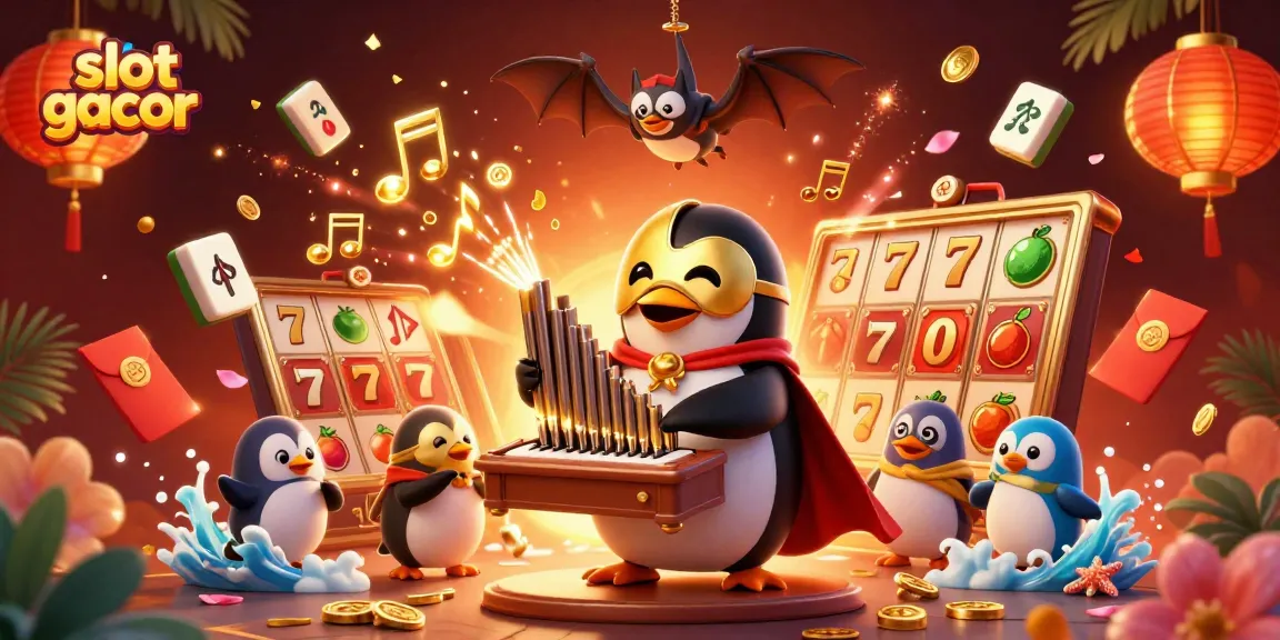 Slot gacor menunjukkan pemenang dengan penguin berkostum opera dan koin emas melayang.