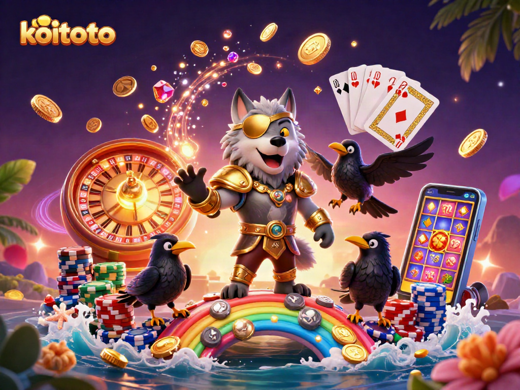 Koitoto enhances your gaming experience with Odin, the wolf, and treasure in a rich casino setting.