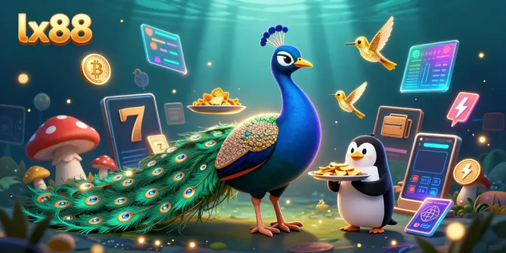Engage with the vibrant ambiance of lx88, featuring a luxurious peacock, exciting game elements, and golden rewards.