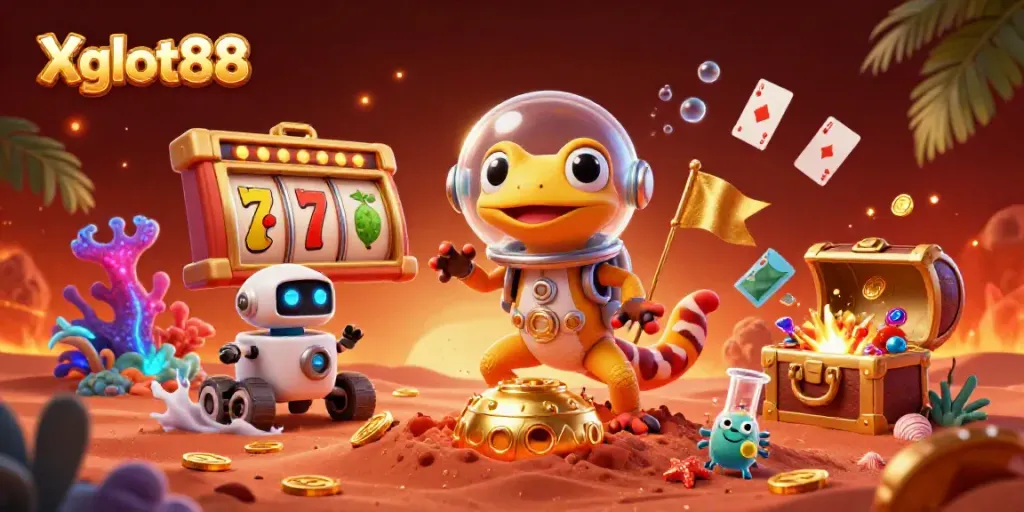 Gambarlah Xgslot88 yang menarik dengan kasino dan simbol slot dalam ilustrasi 3D yang penuh aksi.