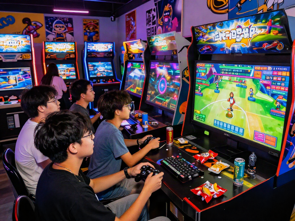 Group of friends engaging in situs toto gaming at lively arcade, colorful atmosphere.
