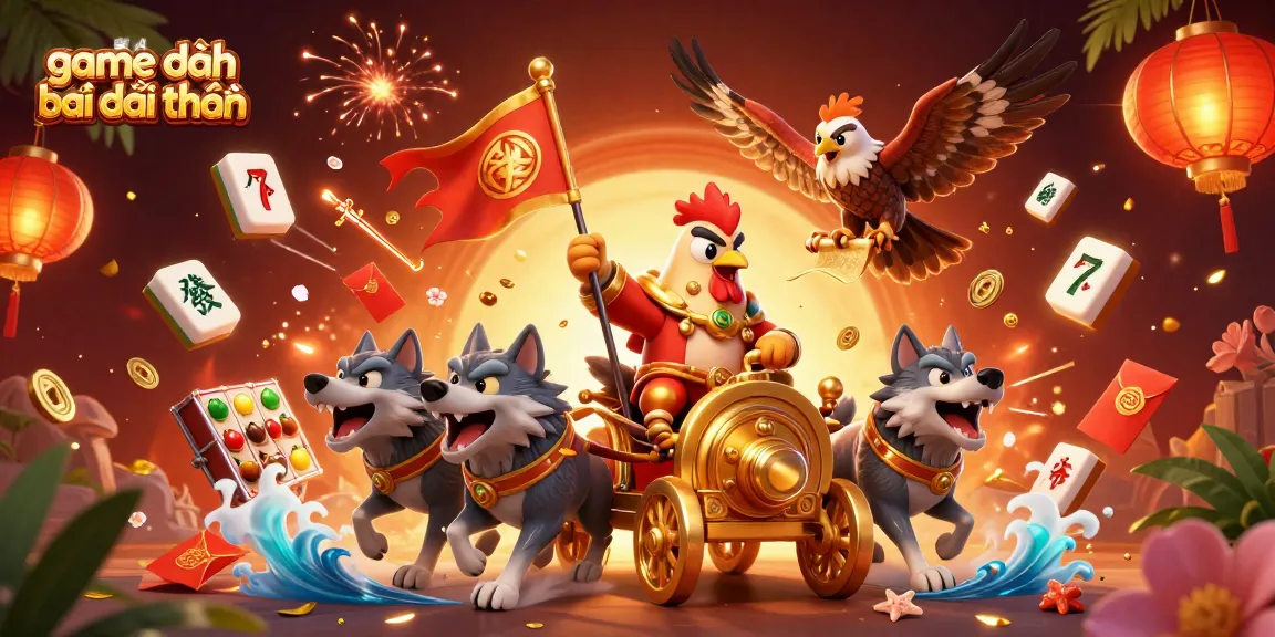 Experience game đánh bài đổi thưởng with cartoon warlord characters amidst vibrant casino elements.