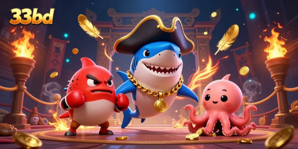 Engage in vibrant online gaming with 33bd, where a shark pirate and friends showcase thrilling casino elements.