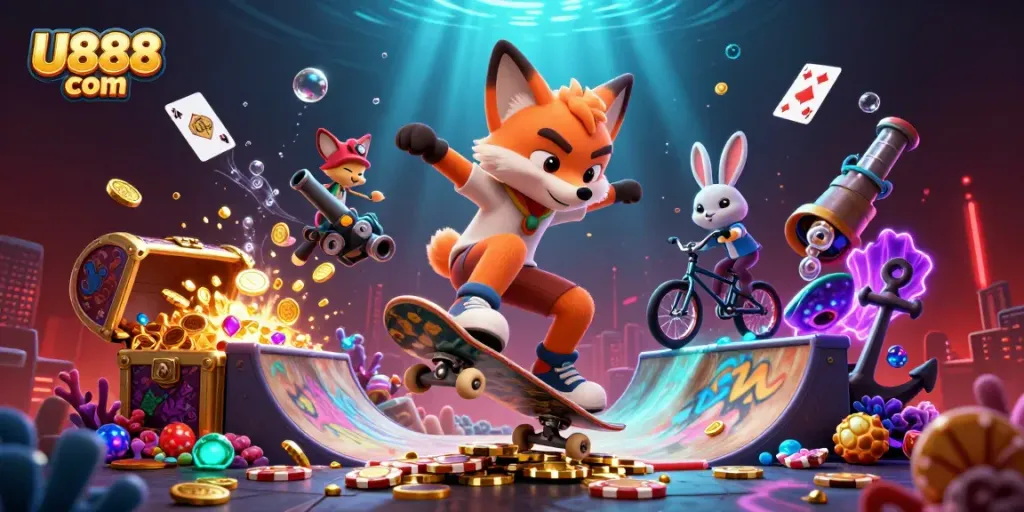 Engage with high-stakes gameplay at U888 com, featuring dynamic 3D casino characters amidst vibrant gambling elements.