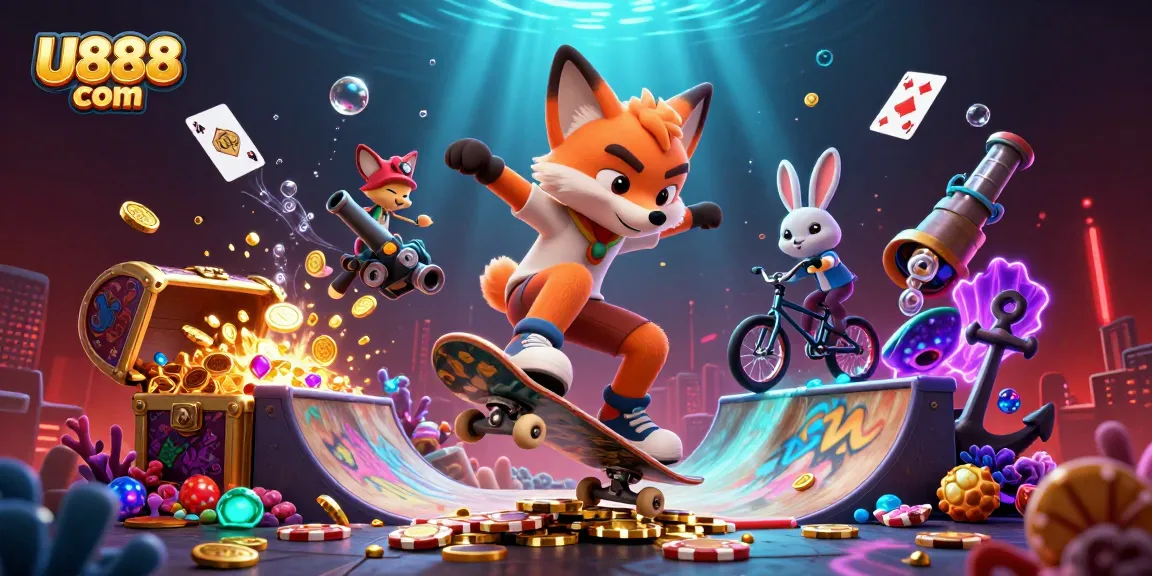 Engage with high-stakes gameplay at U888 com, featuring dynamic 3D casino characters amidst vibrant gambling elements.