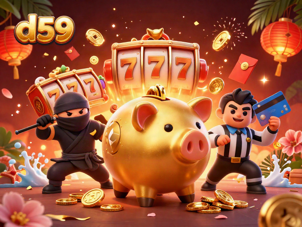 d59 gambling excitement featuring a sumo-wrestler piggy bank amidst slot reels and golden coins