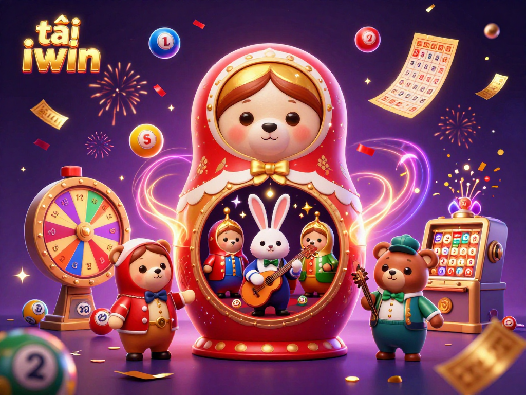 Play and win with tải iwin in vibrant 3D illustration featuring casino characters and lottery elements.